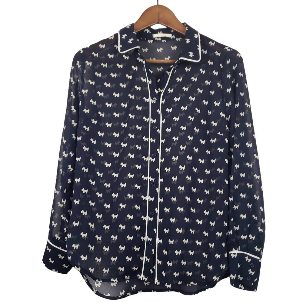 Pleione Sheer Blouse Scottie Dog Print Button Up Long Sleeve - XS